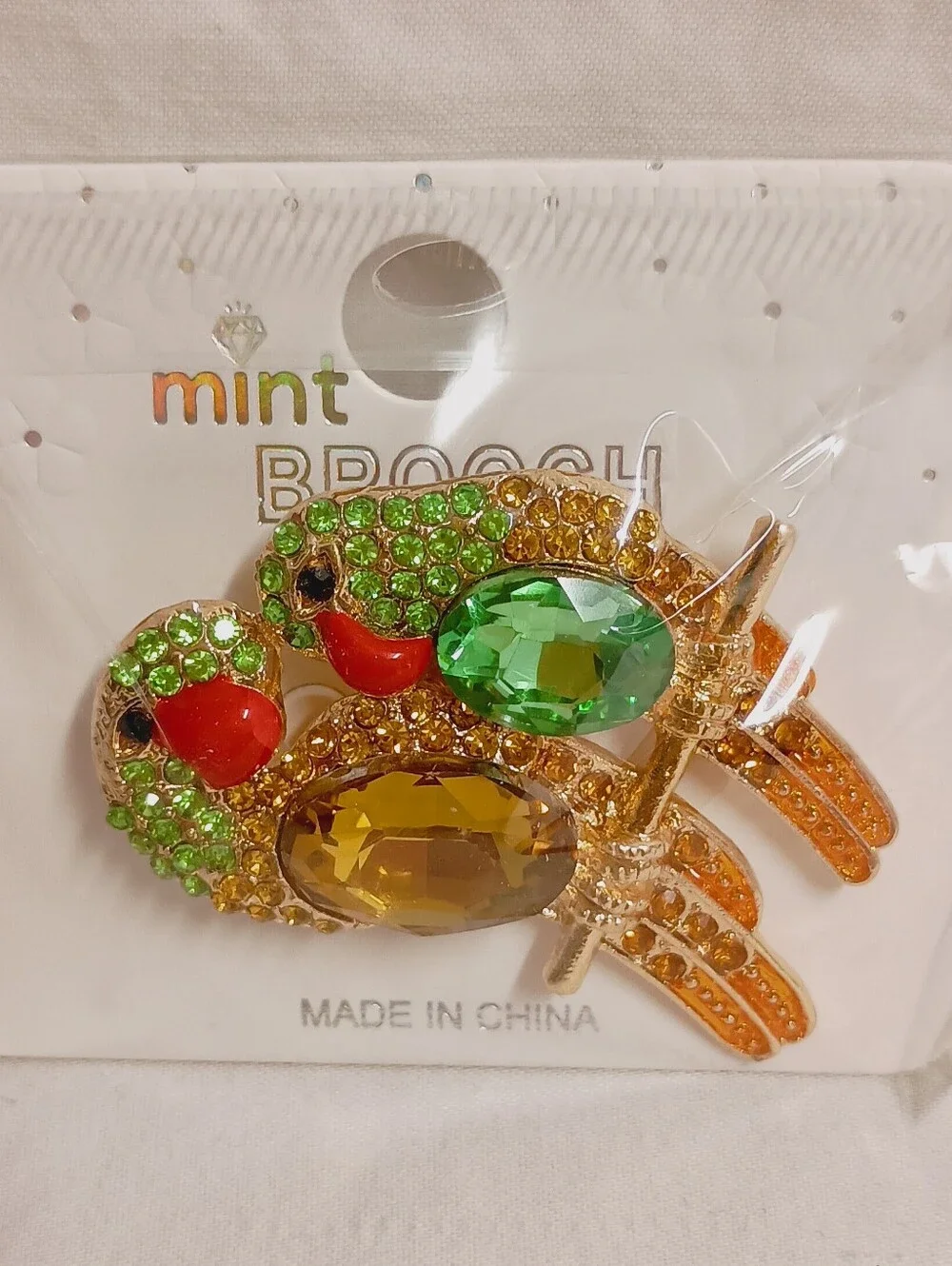 Colorful Rhinestone Parrot Brooch Pin  Gold Tone Tropical Bird Statement Jewelry